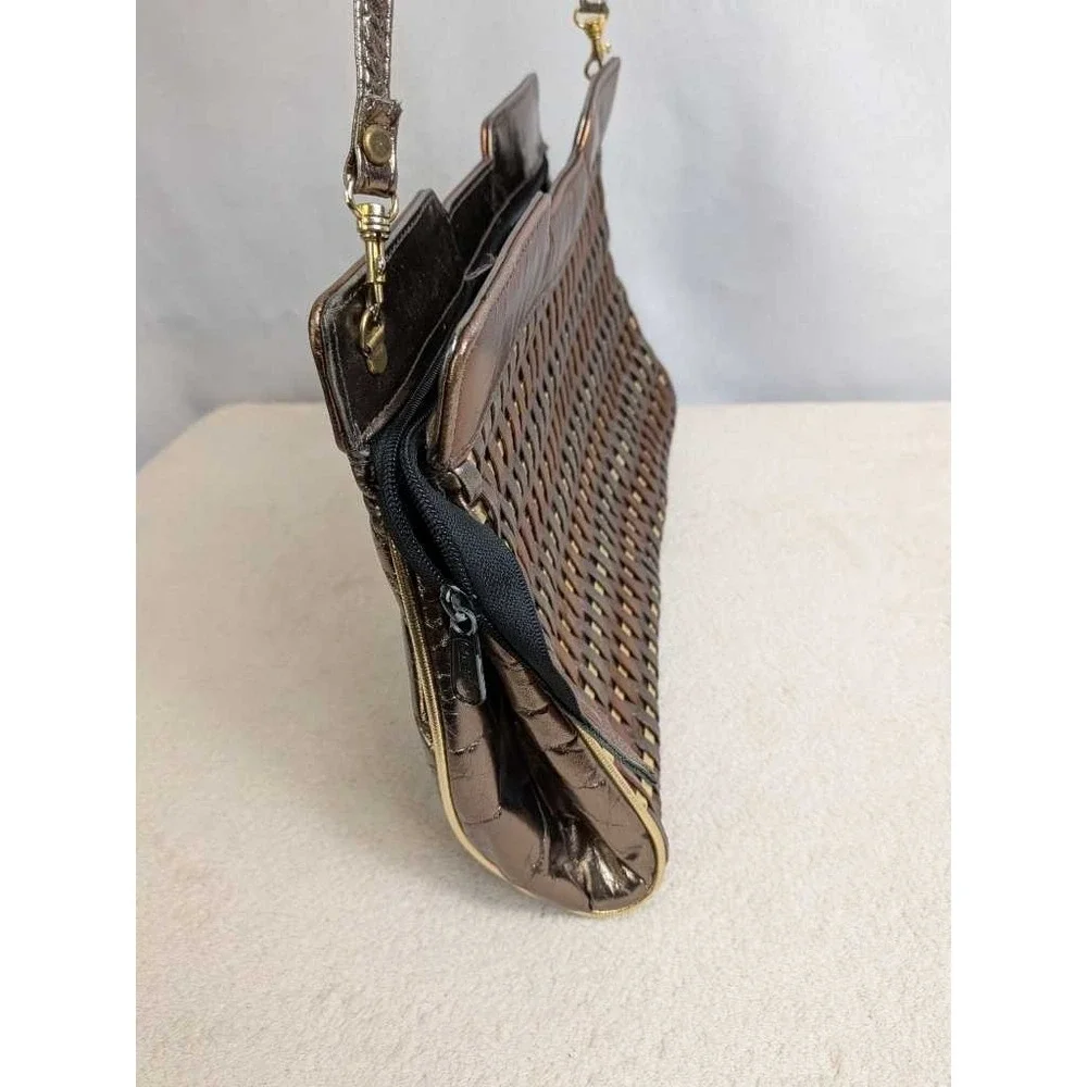 Vintage‎ Woven Metallic Shoulder Bag Bronze Gold Silver Textured Evening Clutch